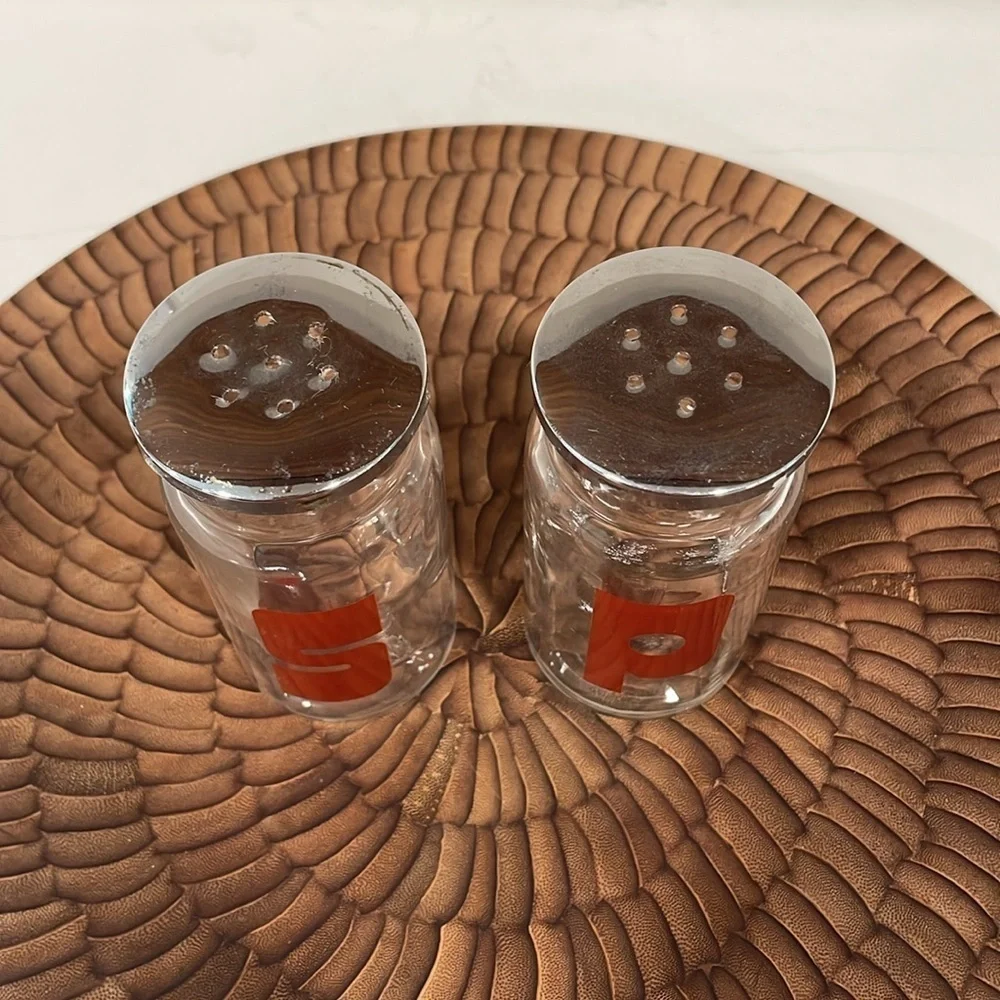 VTG Wheaton Glass Salt & Pepper Shakes MCM Mod Deco Chrome Red Minimalist